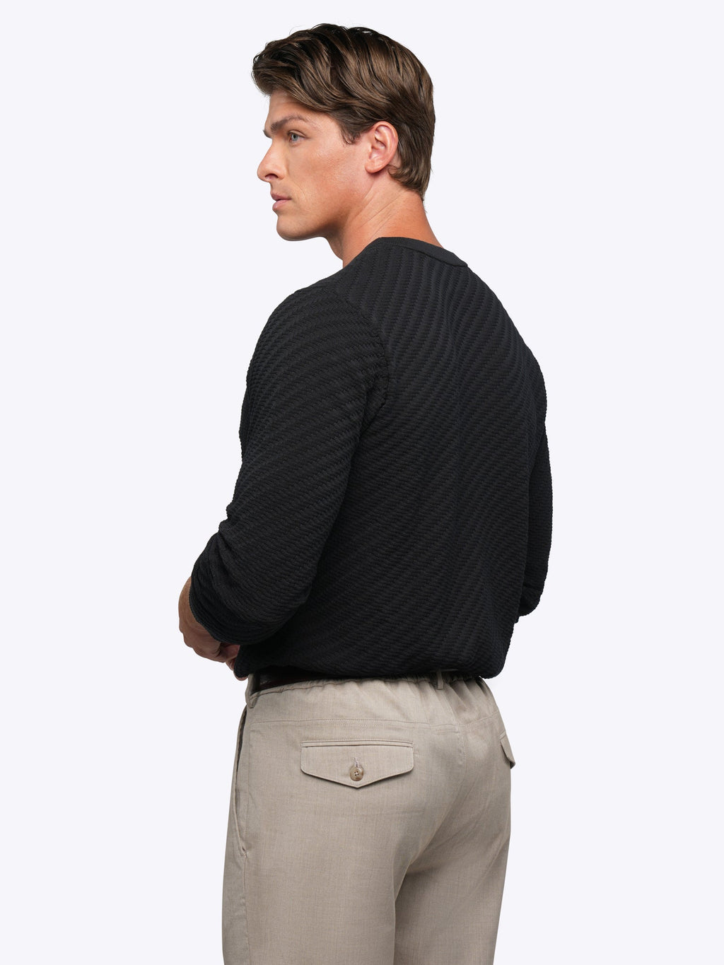 Riviera Knit Long Sleeve Textured Tee | Black Signature-Fit