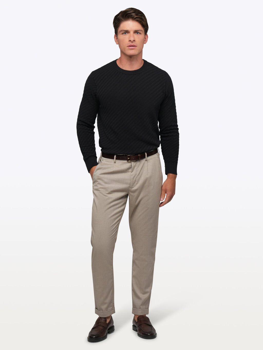 Riviera Knit Long Sleeve Textured Tee | Black Signature-Fit