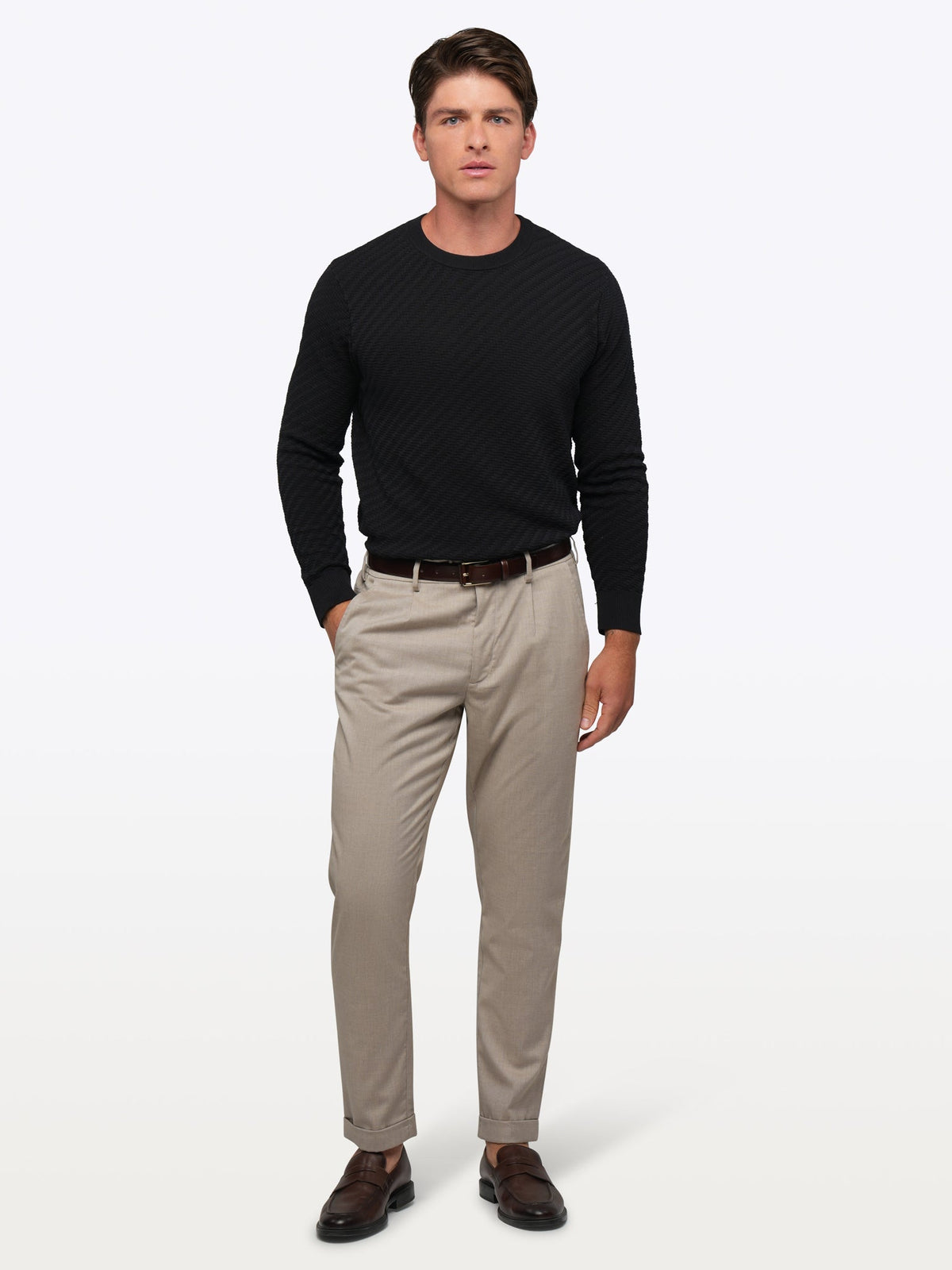 Riviera Knit Long Sleeve Textured Tee | Black Signature-Fit