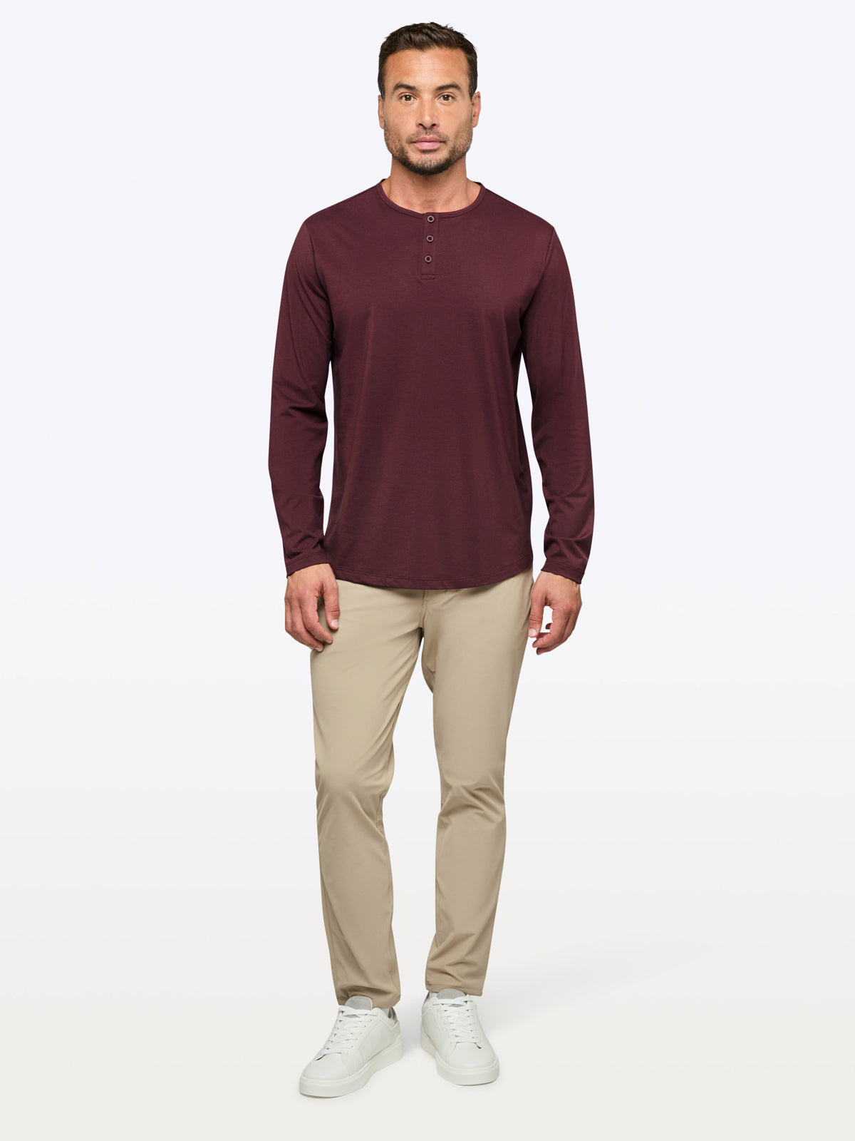 AO Long Sleeve Henley Curve-Hem Tee | Deep Cranberry