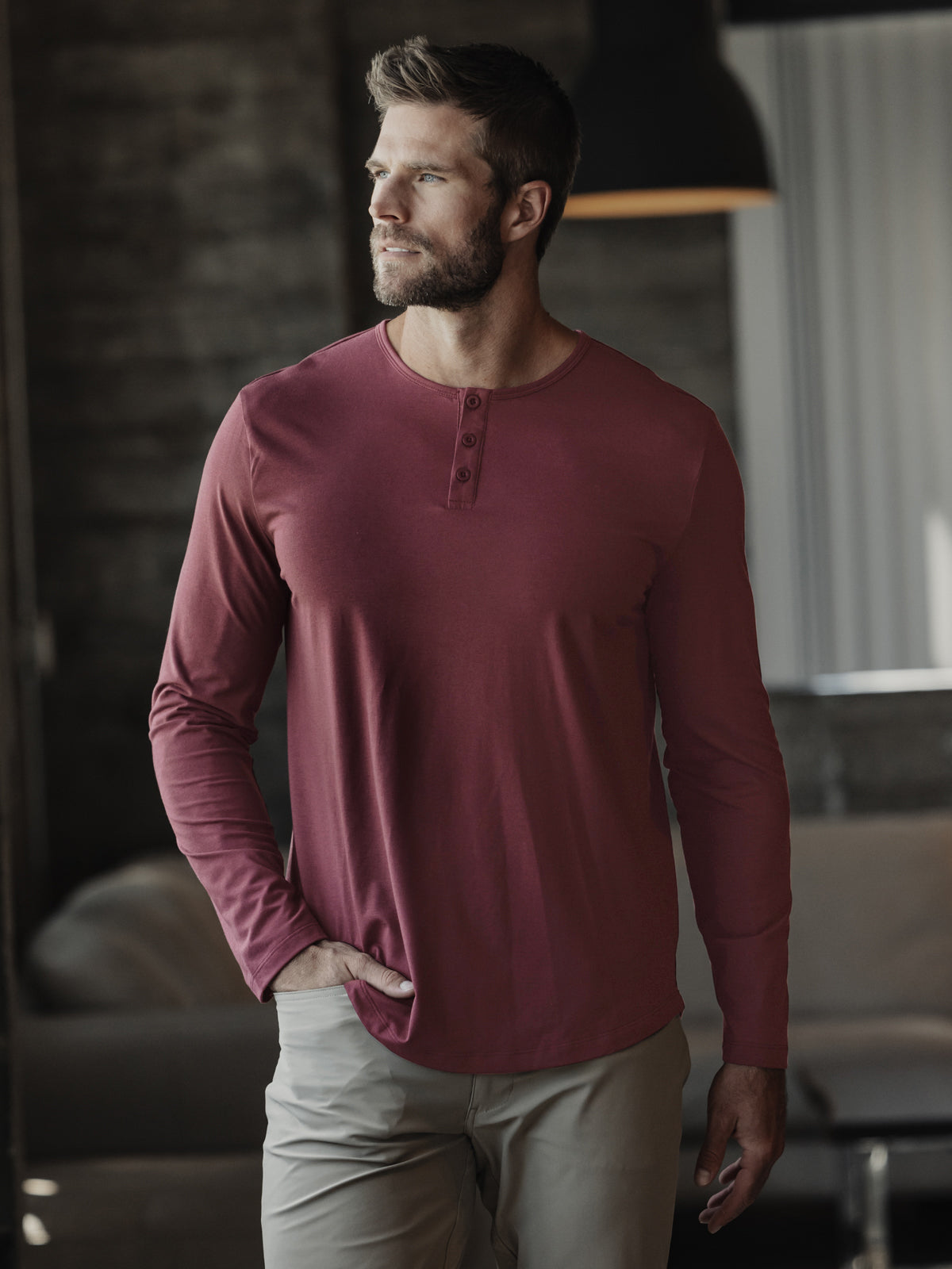 AO Long Sleeve Henley Curve-Hem Tee | Deep Cranberry