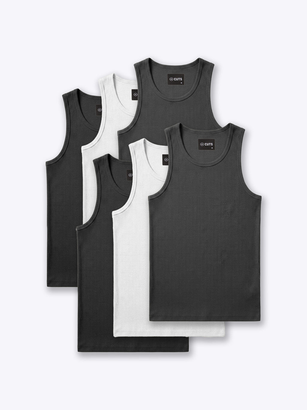 Essential Fitted Rib Tank 6 Pack | Black/White/Grey Form-Fitting