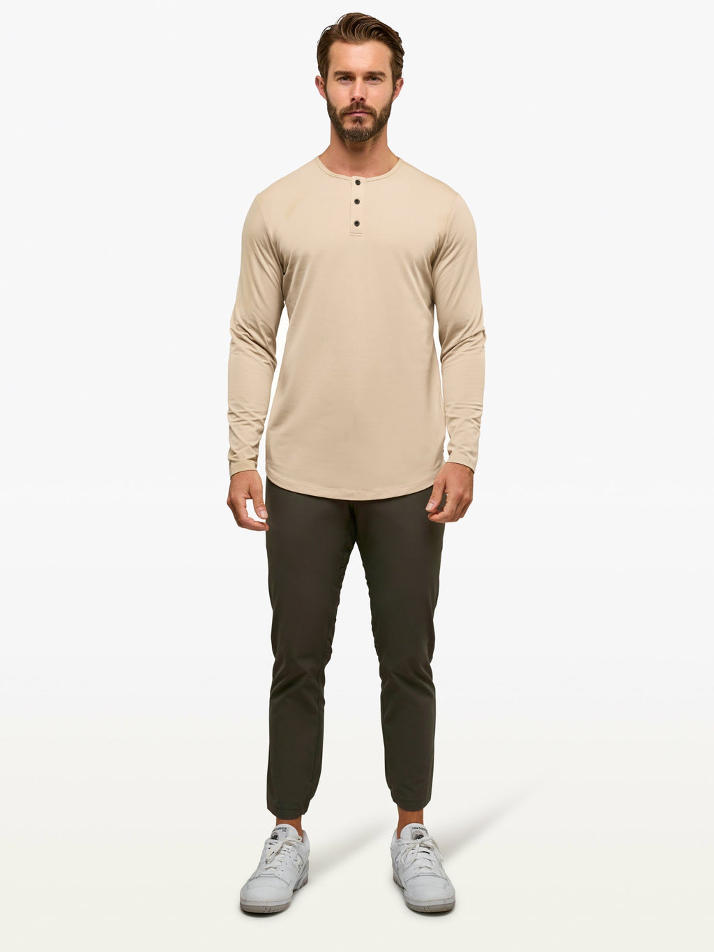 AO Long Sleeve Henley Curve-Hem | Khaki Signature-fit PYCA Pro®