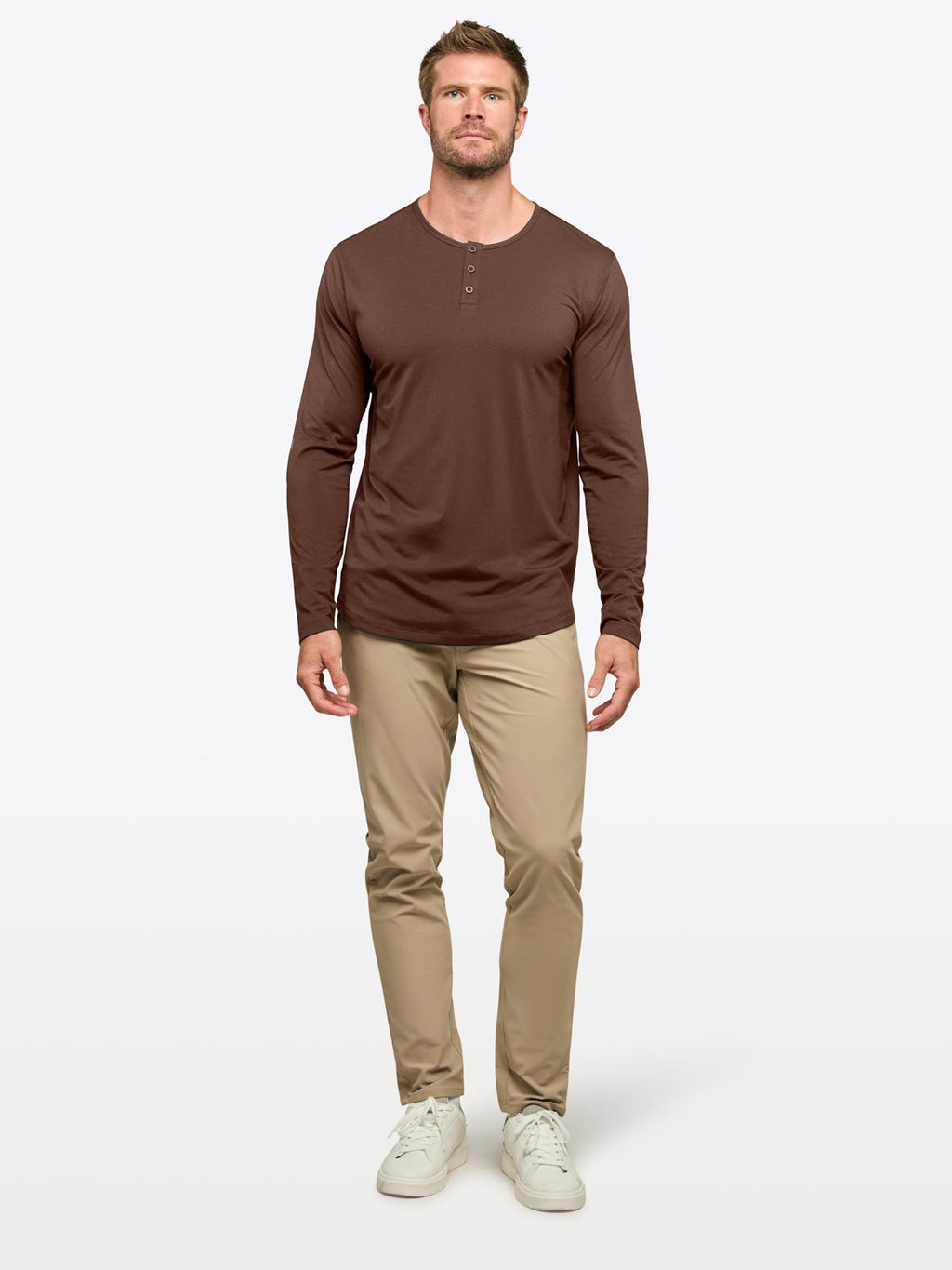 AO Long Sleeve Henley Curve-Hem Tee | Mocha Signature-fit PYCA Pro®