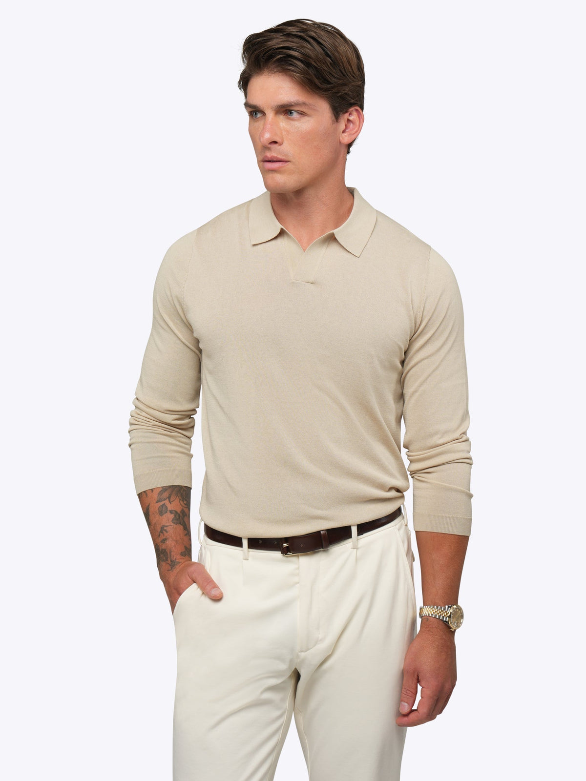 Riviera Knit Long Sleeve Polo | Sand Dune Signature-Fit