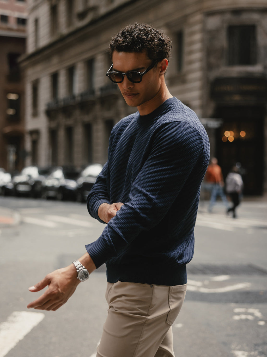 Riviera Knit Longe Sleeve Textured Tee | Pacific Blue Signature-Fit